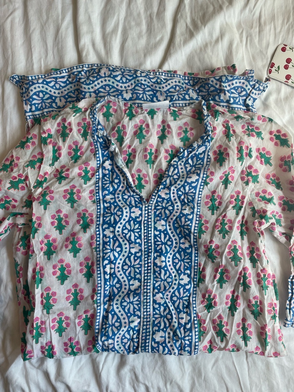 White Tunic/Coverup with Blue Trim and Pink-Green Floral Print